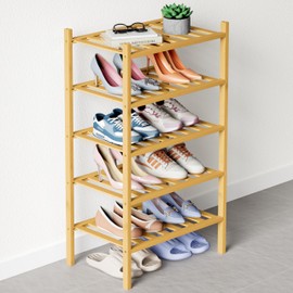 Smiry Bamboo Shoe Rack for Closet, 5 Tier Small Wooden Stackable Shoe Organizer, Free Standing Shoes Storage Shelf for Entryway, Front Door Entrance, Natural