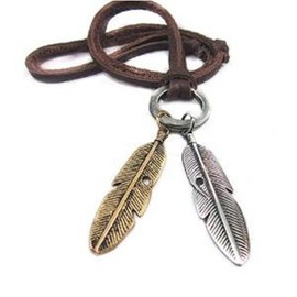 COOLLA Soft Leather Feather Necklace, Men's & Women's Brown Leather Necklace, Boho Style, Alloy Chain
