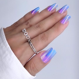 Ombre Press On Nails Square - Miloilo Soft Gel Press On Nails Medium, Chrome Glazed Fake Nail with Glue, Reusable Stick On Nails in 12 Sizes - 24 Soft Gel Nail Kit, Neon Moon