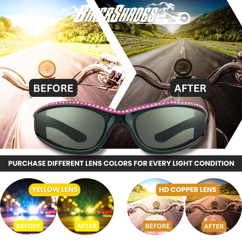 Bikershades Rhinestone Womens Motorcycle Biker Sunglasses Foam Padded Wrap Blocks