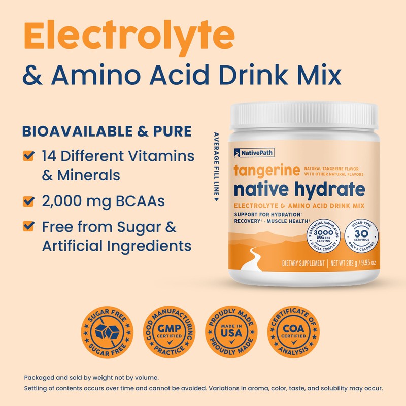NativePath Native Hydrate, Zero Sugar, Electrolytes Powder with BCAAs, Tangerine