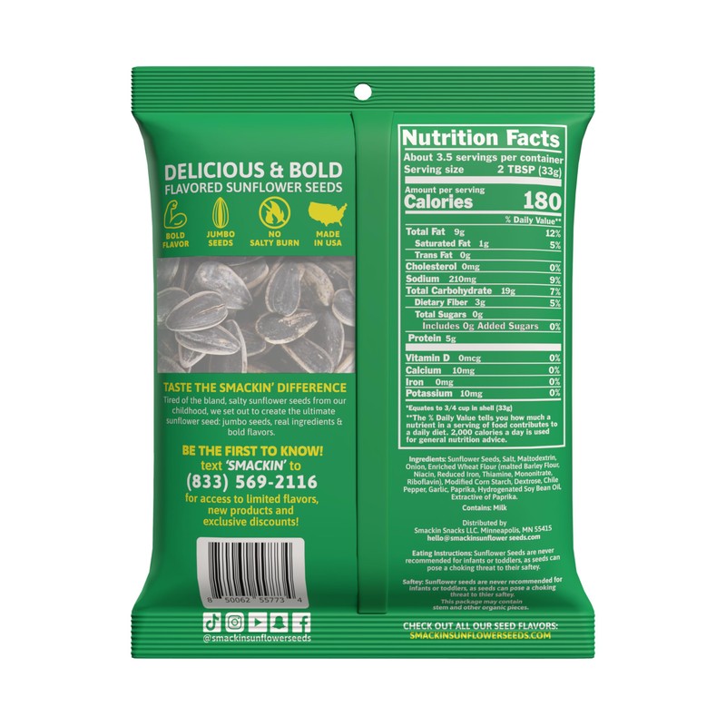 SMACKIN' - Jumbo Roasted Sunflower Seeds, No Salty Burn, American