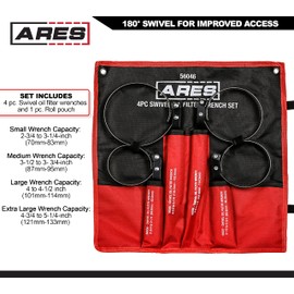 ARES 56065-4-Piece Swivel Oil Filter Wrench Set with Storage Pouch - Wrenches Cover 2 3/4-Inch to 5 1/4-Inch (70mm to 133mm) Diameter Filters - 180-Degree Swivel - Automatically Tightens on Filter