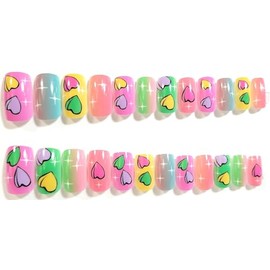 Happy, Shiny Hearts Glossy Medium Square Press On Nails - 24 Pieces - Artificial Nail Kit