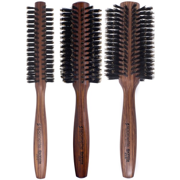 Spornette DeVille Boar Bristle Round Brush Set - Professional Round Hair Brushes Includes 1.5 inch Round Brush #312, 2 inch Round Brush #314, & 2.5 inch Round Brush #316 - For Women, Men, & Kids