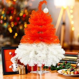 Fayavoo 26" Small Christmas Tree, Santa Hat Style Bent Xmas Tree with White Christmas Balls, Artificial Tabletop Christmas Tree Ornaments for Home Party Holiday (Orange/White)