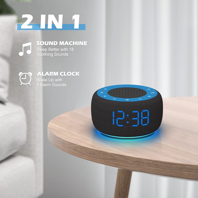 Buffbee Sound Machine & Alarm Clock 2-in-1, 0-100% Clock Face