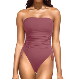 Yonique - Traje de baño de una pieza para mujer, sin tirantes, con control de barriga, bandeau, Rojo rubor, Small