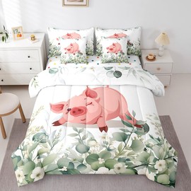 Erosebridal 7-Piece Girls Kawaii Animal Bedding Twin Cute Pig Comforter Set, Cartoon Wildlife Bedding Comforter Sets Green Leaf Bed in a Bag, Spring Garden Plant Bedding Accessories Kids Bedroom Decor