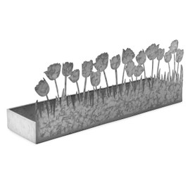 AuldHome Spring Summer Galvanized Tray, Tulips Flowers Farmhouse Decor Metal Tray 16 x 4 x 6 Inches