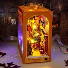 DIY Christmas Book Nook Kit with LED Light and Furniture,DIY Wooden Dollhouse Kit Puzzle House Model Building Kits, Home, Bookshelf Decor