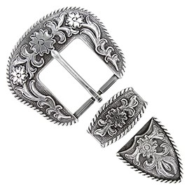 Cowboy Cowgirl Western Floral Engraved Replacement Belt Buckle Set fits 1-1/2"(38mm) Belt Strap - Antique Silver