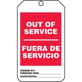 Accuform TSP505CTM PF-Cardstock Bilingual Spanish Safety Tag, Legend "Out of Service/FUERA DE", 5.75" Length x 3.25" Width x 0.010" Thickness, Red/Black on White (Pack of 5)
