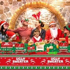98 Pcs Christmas Ugly Sweater Party Supplies Tacky Sweater Party Plates Tablecloth Xmas Party Decorations for Christmas Holiday Tableware Set Paper Plates Napkins Forks for 24 Guests