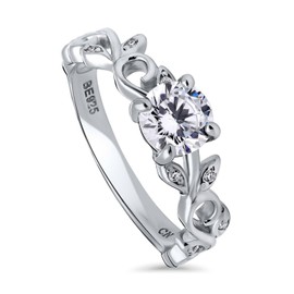 Rhodium Plated Sterling Silver Cubic Zirconia CZ Solitaire Leaf Filigree Promise Ring Size 8.5