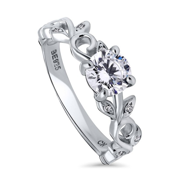 Rhodium Plated Sterling Silver Cubic Zirconia CZ Solitaire Leaf Filigree