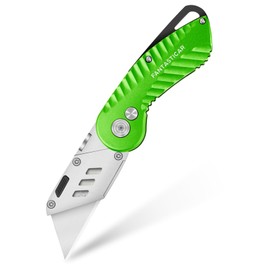 FantastiCAR Folding Utility Knife, Quick Blade Change Box Cutter, Anti-slip Metal Body, with Safety Lock and 5 Extra Blades (Spring Green)