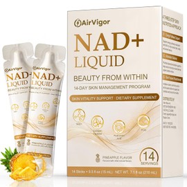 AirVigor NAD+ Liquid Supplement Packs - Anti-Aging Cellular Energy & Beauty Support Drink Mix with Collagen Peptides, Hyaluronic Acid, PQQ & Quercetin - Pineapple Flavor (14 Count)
