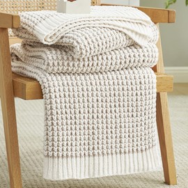 Amélie Home Chenille Waffle Throw Blanket for Couch, Reversible Pineapple Stitch Knit Soft Cozy Knit Blanket Lightweight Warm Decorative Throw for Sofa, Bed, Living Room, Beige&Ivory, 60 x 80 inch