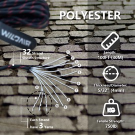 WILDAIR 750lb Paracord Parachute Cord Lanyard Ropes U.S. Military Type IV-11 Triple Strands 100FT Outdoor Camping