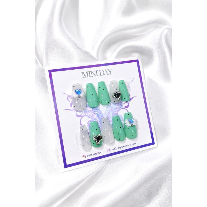 Mint Angel Heart Handmade Nail Tips - Stiletto / 민트