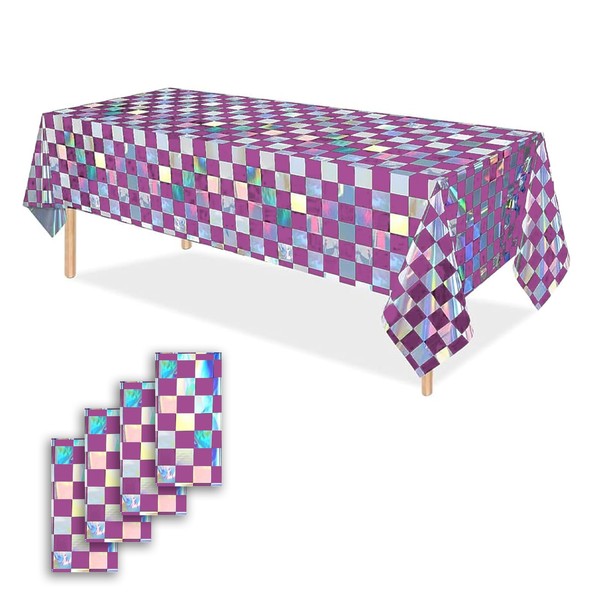 OQOQ Checkered Iridescent Tablecloth (4 Packs, Purple&Silver) - Rectangular Plastic