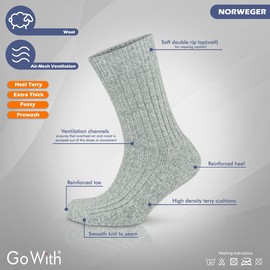 GoWith Men's Norwegian Style Thick Knit Wool Winter Crew Socks, Half Cushion Socks Mod:6001, 3 Pairs, Size: 7.5-9.5, Gray