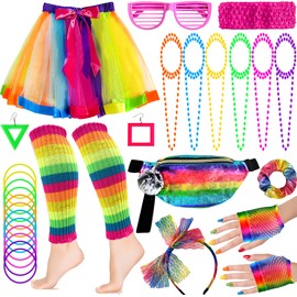 Peirich 28PCS 80s Costume Accessories for Women, Disco Party Clothing From the 1980s, Leg Warmers, Tutu Skirts Neon Banana Bags for Women 80s Dress Up