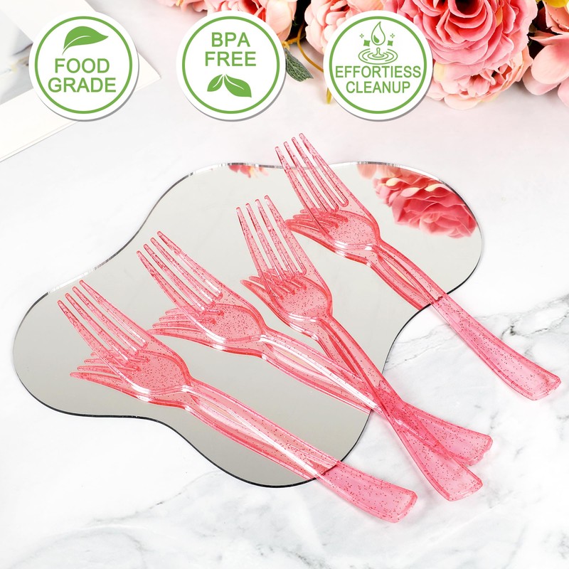 100 Pcs Pink Glitter Plastic Forks, Disposable Heavy Duty Pink