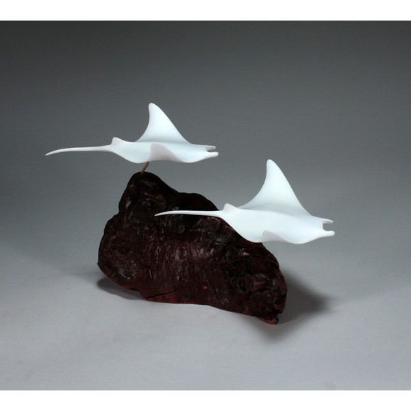 Manta Ray Duo Sculpture by John Perry White Statue on Wood 8in Tall