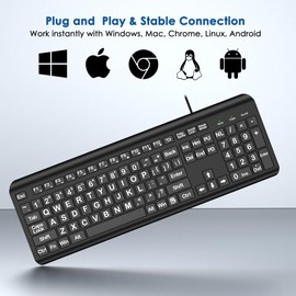Large Print Computer Keyboard, Wired USB Full Size Quiet Keyboard with 4X Oversized Print Letters for Visually Impaired Low Vision Individuals Easy to See and Type for PC, Laptop,Windows