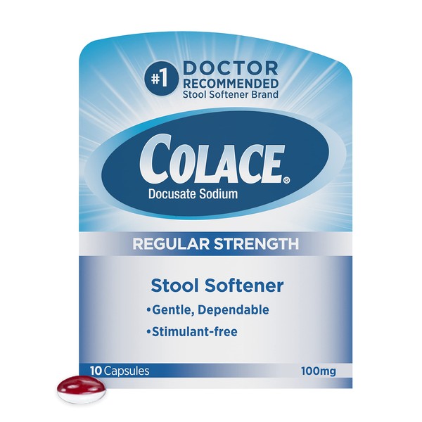 Colace Regular Strength Stool Softener, 100 mg Capsules, 10 Count, Docusate Sodium Stool Softener for Gentle, Dependable Relief