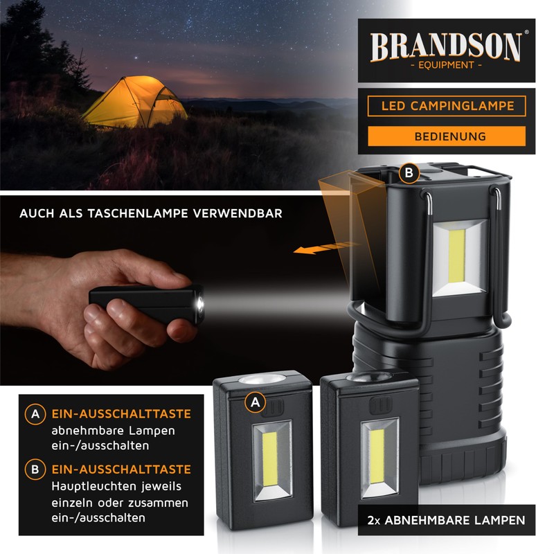 Brandson - LED camping lamp lantern - 2 removable torches
