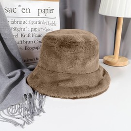 LLZ.COQUE Womens Stylish Bucket Hat Soft Faux Fur Fluffy Thicken Wide Brim Lovely Winter Warm Hat for Girls - Khaki