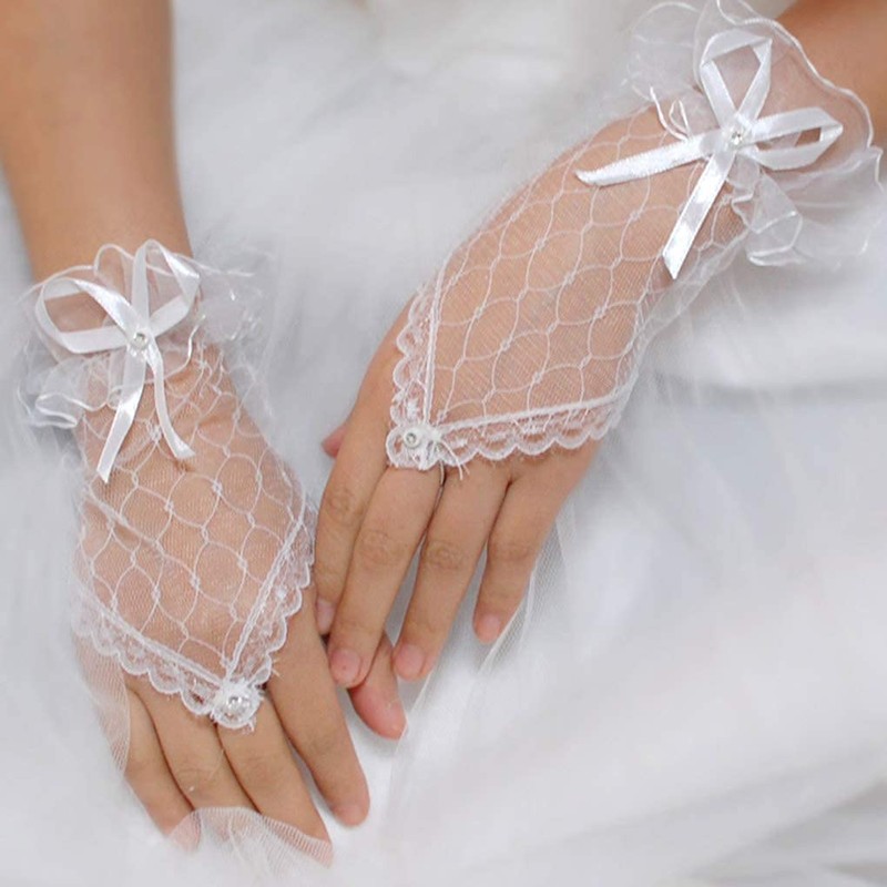 Olbye Women's Wedding Fingerless Rhinestone Lace Gloves - Lace Bow