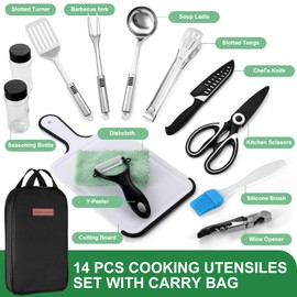 Odoland Camping Cookware Utensils Travel Set, Camp Kitchen Utensil Organizer, Cutting Board, Kitchen Scissors, Slotted Tongs Seasoning Bottle and Case for Backpacking, Outdoor Black