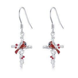 Cardinal Earrings 925 Sterling Silver Cross Cardinal Dangle Earrings Red Bird Earrings for Women Hypoallergenic Animal Drop Earrings Memorial Sympathy Cardinal Jewelry Gift