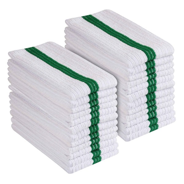 UTowels Premium 24 Pack White with Green Stripe Bar Mop Microfiber Towels for Home, Kitchen, Restaurant Cleaning (White/Green Stripe, 14inx18in)