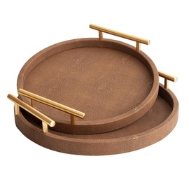 UPPER DECOR Set of 2 Round Shagreen Serving Tray, Modern Decorative Tray with Gold Polished Metal Handles, Coffee Table Ottoman Trays Perfume Trays Living Room Bathroom Home Decor (Brown)