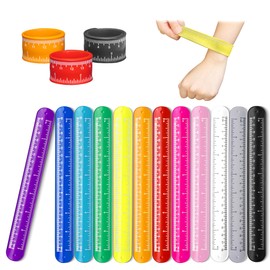 Novelty Place Ruler Slap Bracelets Silicone Wristband, 12 Colors Silicone Snap Bracelets with Scale for Kids Classroom School Craft Activity Prize Gift Party Costume (Pack of 12)