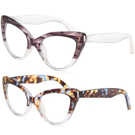 Hubeye 2 Pairs Cat Eye Reading Glasses with Spring Hinge Fashion Blue Light Blocking Computer Readers Cute Ladies Eyeglasses 1.00