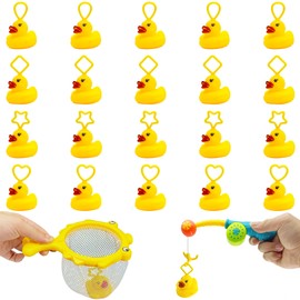 PICKONA 22 Pieces Duck Fishing Toy Set, 20 pcs Duck With Hook & 1 Fishing Rod & 1 Fishing Net, Hook A Duck Game For Outdoors, Bath Ducks, Floating Sensor Bath Toys, Summer Duck Figures For Kids
