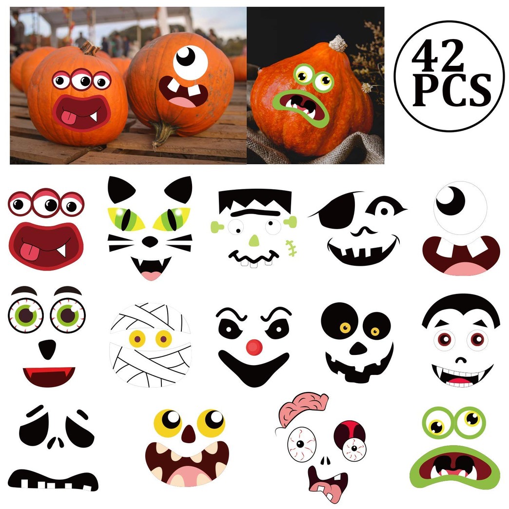 Pumpkin Decorating Craft Stickers - Kids Make Your Own Jack-O-Lantern Face Decals Halloween Party Decorations 42Ct