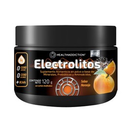HEALTHADDICTION Polvo de Electrolitos con BCAA’s Prebióticos y Vitaminas B – Sin Azúcar ni Calorías – Hidratación y Recuperación – Sabor Naranja – Fórmula Baja en Sodio y Libre de Gluten – 120g