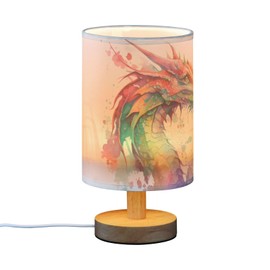 BOENLE Bedside Lamp Watercolor Dragon Table Lamp for Bedroom LED Nightstand Lamp Shade USB Ports Wood Base for Living Room Dorm Office