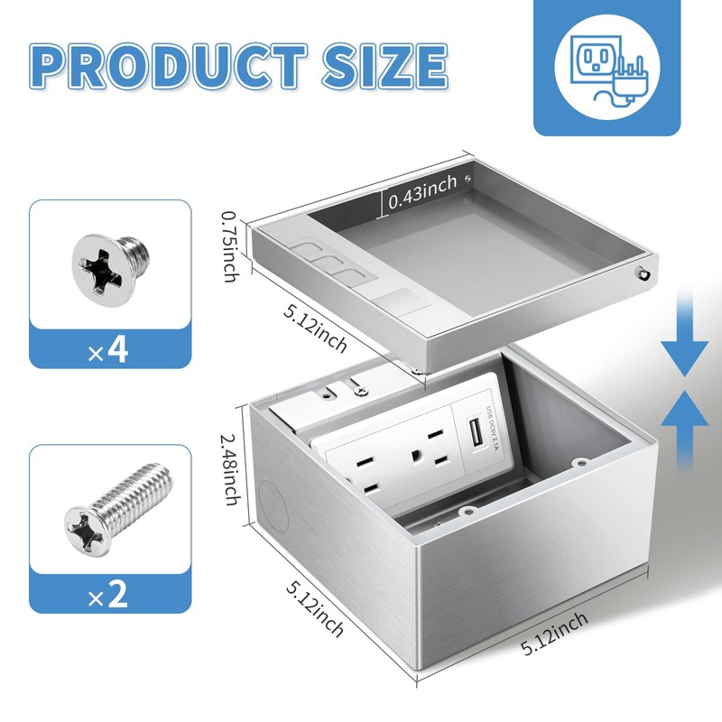 Recessed Flat Hidden Floor Electrical Outlet Kit, Hidden Duplex 2