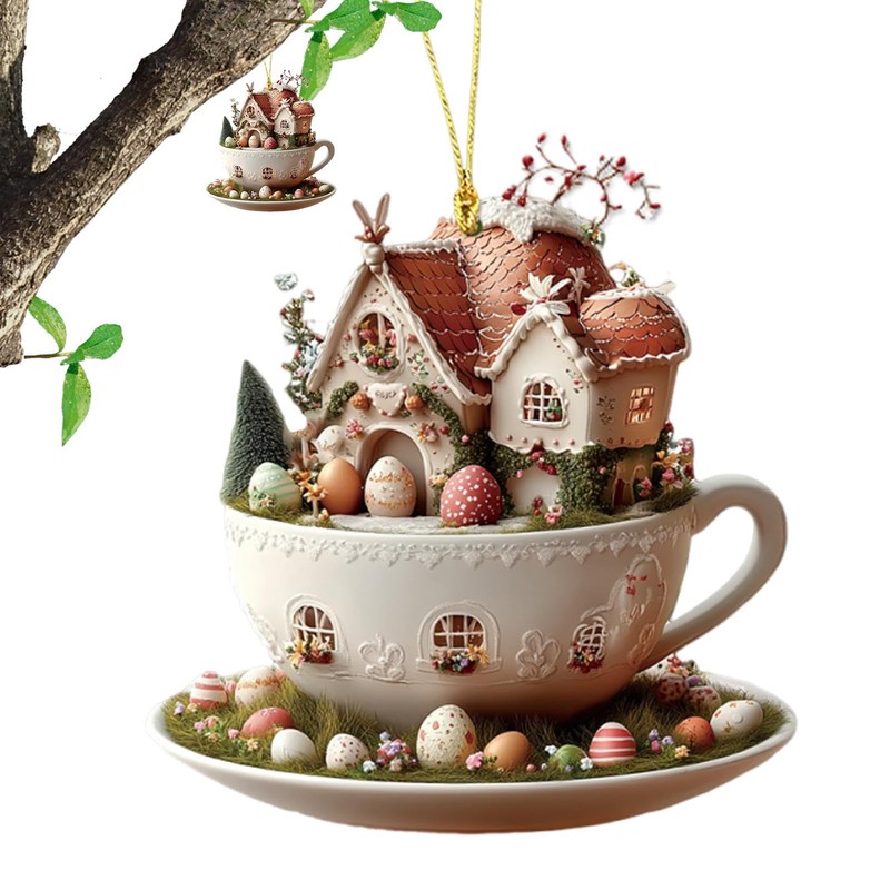 Easter Hangable Decorations, Coffee Cup House Easter Egg Cute Decorative