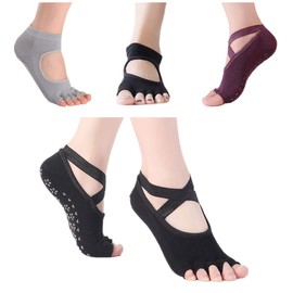 RuiChy Yoga Socks for Women, 4 Pairs Non Slip Toeless Five Toe Socks Cotton Slipper Socks for Dance Pilates Barre