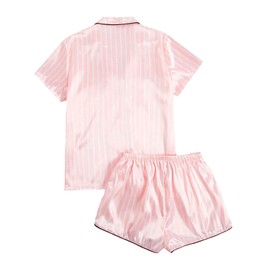 Celucke Women's Silk Satin Pajama Set, Comfortable Sleepwear Soft Short Sleeve Button Up Top with Shorts for Nightwear, Satin Pyjamas For Women, Pj Shorts Set, Ladies Comfort Lounge Wear Light Pink