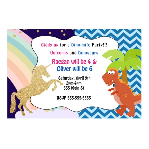 30 Invitations Gold Unicorn Dinosaur Kids Birthday Personalized Cards Photo Paper
